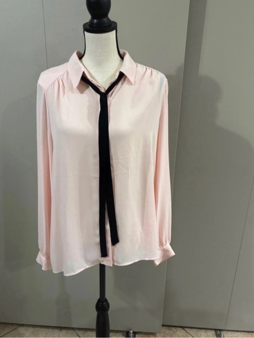 New York & Company Pale Pink Blouse with Black Tie